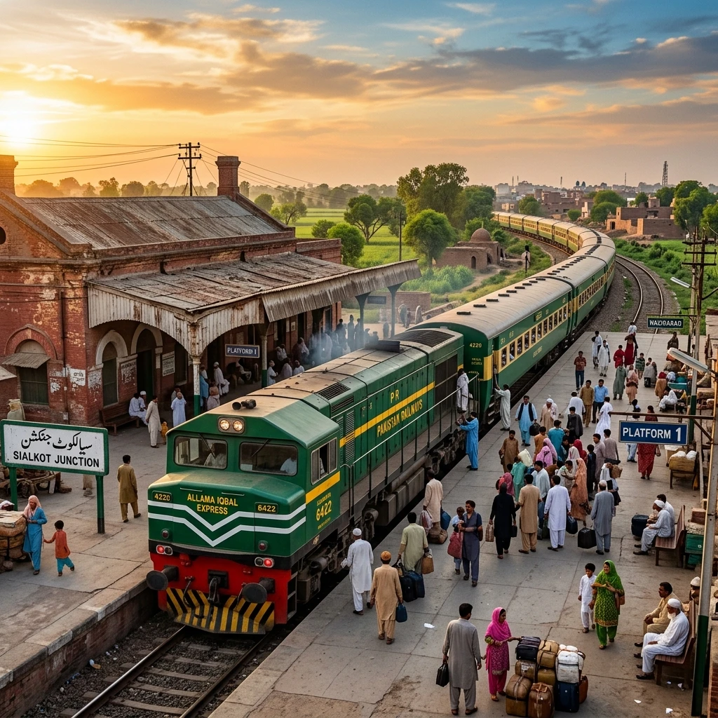Allama Iqbal Express green and yellow passenger train stopped at Sialkot Junction platform with passengers boarding under a gorgeous warm sunset sky