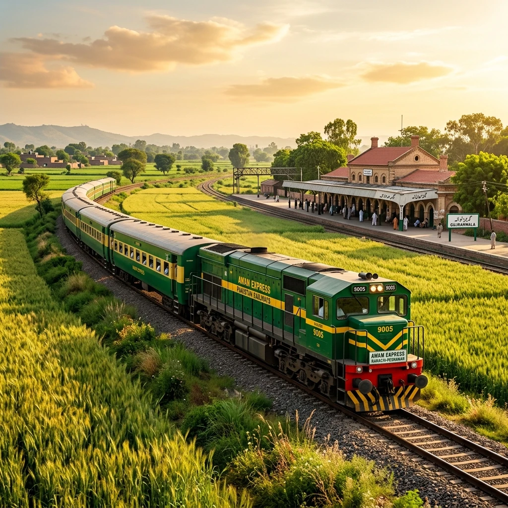 Majestic green and yellow Awam Express passenger train passing through lush agricultural fields in Punjab next to a historic station platform