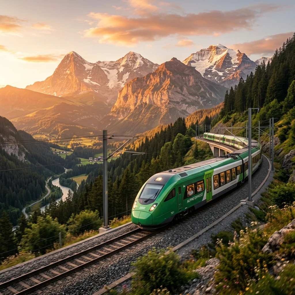 Sleek modern Green Line Express train traveling through a beautiful scenic mountain valley in Pakistan during sunrise