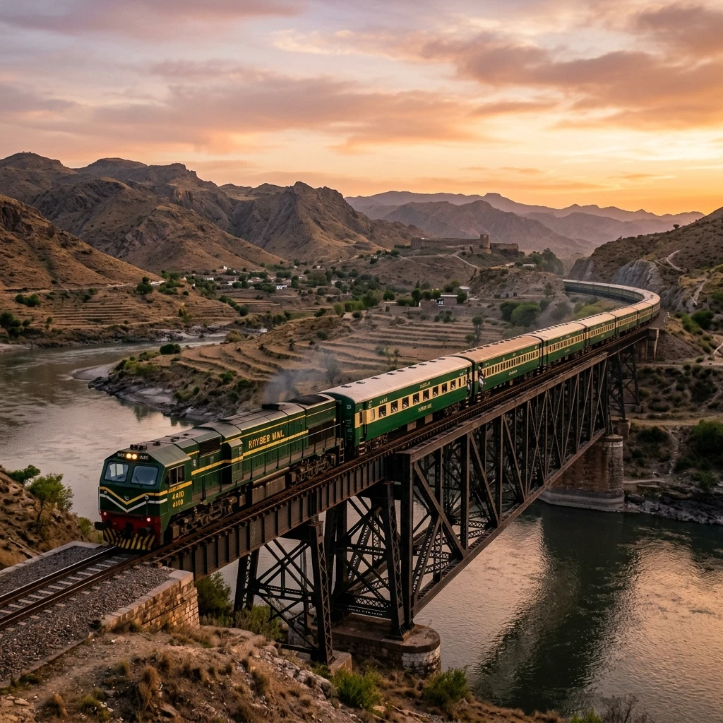 Sleek majestic green Khyber Mail passenger train traversing a scenic iron bridge over a river in northwest Pakistan near sunset