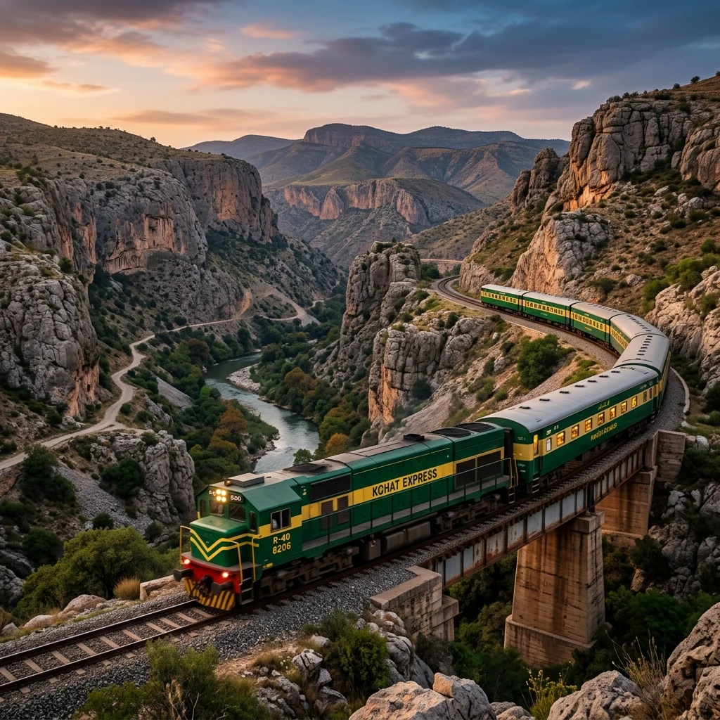 Kohat Express green and yellow passenger train crossing a dramatic steel bridge over a rugged canyon gorge under a beautiful twilight sky