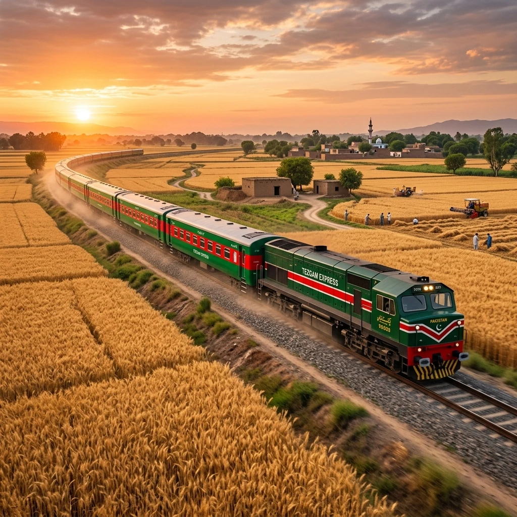 Sleek green and red Tezgam Express train traversing beautiful golden wheat fields in Pakistan during golden hour