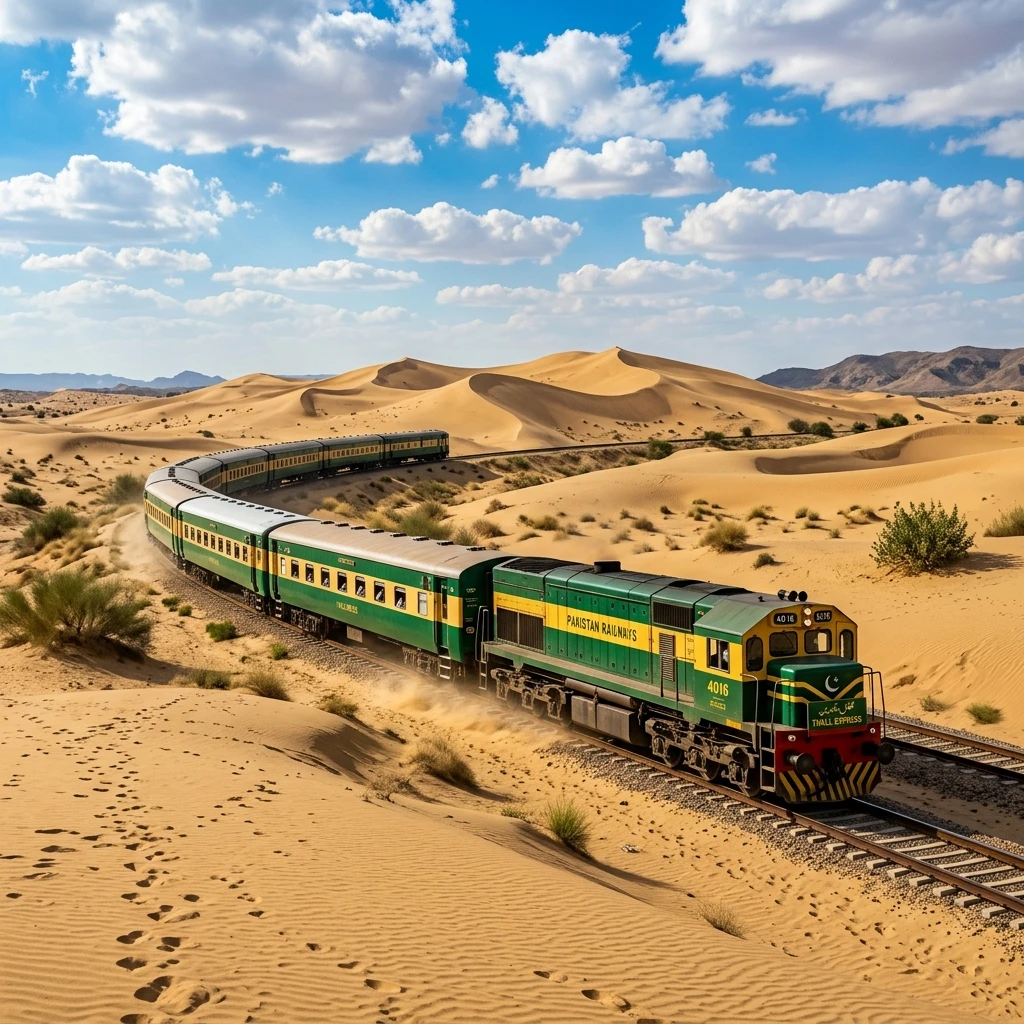 Scenic green and yellow Thall Express passenger train crossing beautiful sand dunes in the Thal Desert under a vibrant bright blue afternoon sky